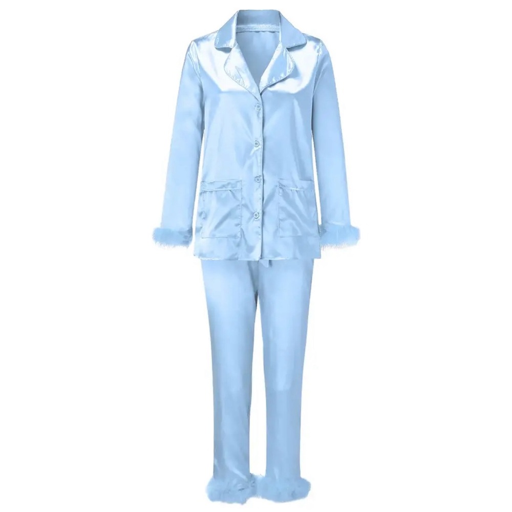 COPY - COPY - Feather Trim Satin Button-Up Top and Bottoms Pajamas